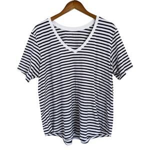 Universal Standard V Rex Striped V-Neck Tee M 18-20 White Navy Luxe Pima Cotton
